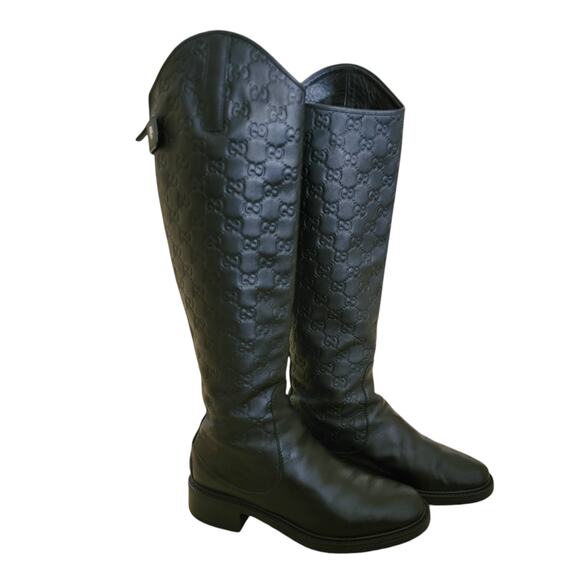 Gucci Black Leather Guccissima GG Logo Monogram Knee High Riding Boots 6.5 36.5 - Picture 1 of 12